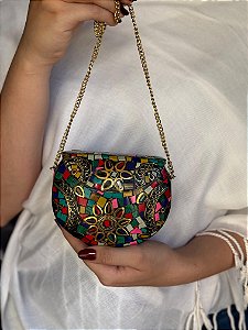 Mini Bolsa Clutch em Metal - Colorida e Dourado - Com Alça