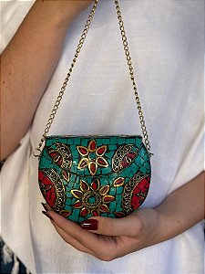 Mini Bolsa Clutch em Metal - Turquesa, Vermelho e Dourado - Com Alça
