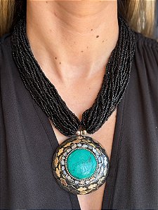 Colar - Metal e Miçangas - Preto e Turquesa