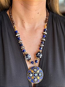 Colar - Metal e Resina - Olho Grego - Azul e Dourado