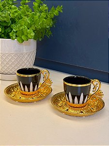 Xícara Turca - Par - Vidro - Preto, Branco e Dourado