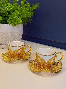 Xicara Turca - Par - Vidro - Dourado e Branco
