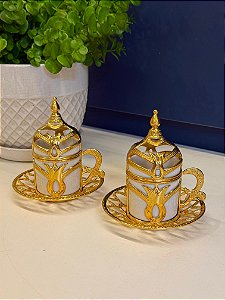 Xícara Turca - Par - Vidro - Branco e Dourado