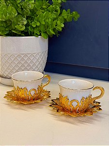 Xicara Turca - Par - Vidro - Dourado e Branco