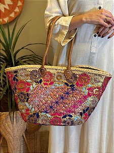 Bolsa Praia - Palha e Bordado - Colorida