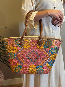 Bolsa Praia - Palha e Bordado - Colorida
