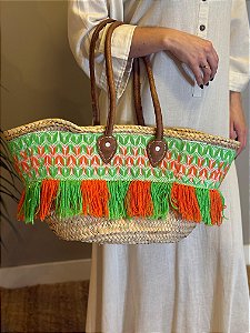 Bolsa Praia - Palha e Bordado - Verde e Laranja