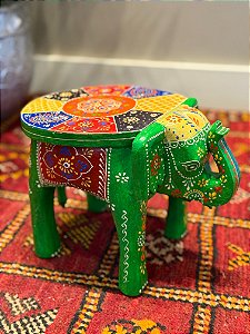 Banqueta - Elefante - Madeira - Pintado à mão - Verde e Colorido - Pequeno