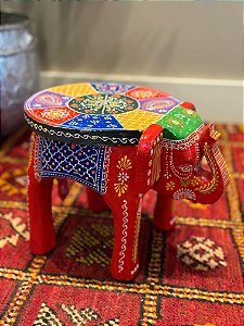 Banqueta - Elefante - Madeira - Pintado à mão - Vermelho e Colorido - Pequeno