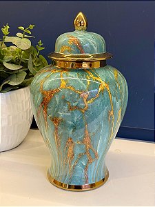 Potiche  - Cerâmica - Marmorizado - Verde e Dourado - 34cm