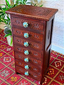 Gaveteiro - Madeira Entalhada - 7 Gavetas - Puxador Turquesa