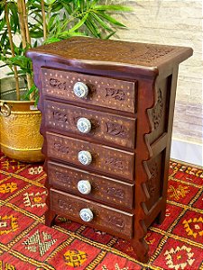 Gaveteiro - Madeira Entalhada - 5 Gavetas - Puxador Branco e Azul