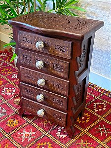 Gaveteiro - Madeira Entalhada - 5 Gavetas - Puxador Branco e Azul