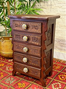 Gaveteiro - Madeira Entalhada - 5 Gavetas - Puxador Colorido