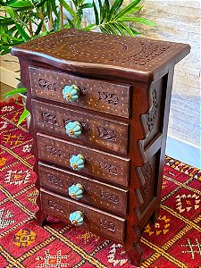 Gaveteiro - Madeira Entalhada - 5 Gavetas - Puxador Turquesa