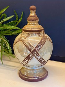 Potiche Cerâmica Bege Perolado e Marrom 33,5cm