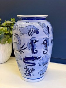 Vaso - Cerâmica - Azul e Branco - 31CM