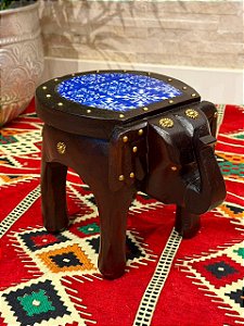 Banqueta - Elefante - Madeira - Azulejo - Marrom e Azul - 21cm