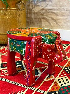 Banqueta - Elefante - Madeira - Pintado à mão - Vermelho e Colorido - 21cm
