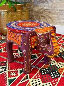 Banqueta - Elefante - Madeira - Pintado à Mão - Roxo e Colorido - 26CM
