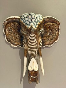 Cabeça De Elefante - Madeira - Marrom e Branco