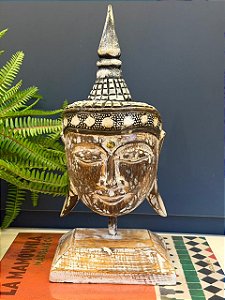Cabeça Buda - Madeira - Com Base - Branco e Marrom
