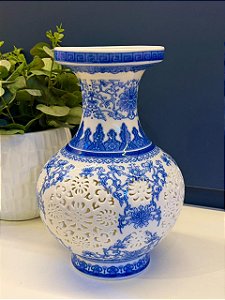 Vaso - Cerâmica - Azul e Branco - 29CM