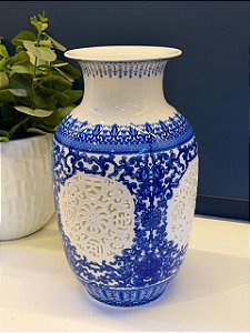 Vaso - Cerâmica - Azul e Branco - 28CM