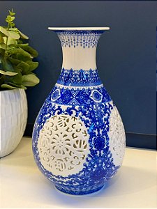 Vaso - Cerâmica - Azul e Branco - 28CM