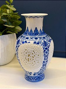 Vaso - Cerâmica - Azul e Branco - 25CM