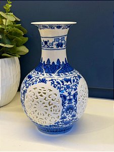 Vaso - Cerâmica - Azul e Branco - 26CM