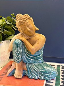 Buda - Madeira - Verde e Marrom - 25CM