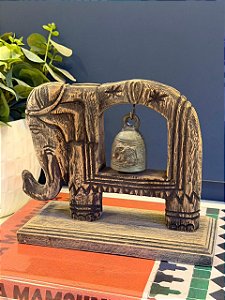 Escultura Elefante com Sino - Decorativo - Madeira - Marrom