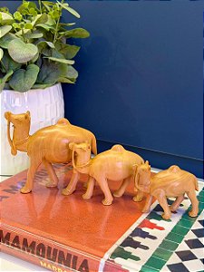 Familia Camelo Decorativo - Madeira - Pintado á mão - Marrom