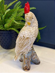 Escultura Cacatua - Decorativa - Cerâmica - Branco, Azul e Vermelho