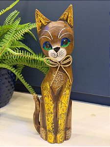 Escultura Gato - Decorativo - Madeira - Marrom e Dourado - 32CM