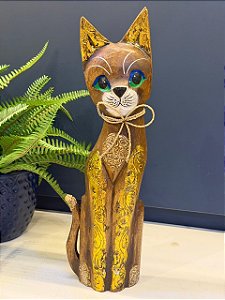 Escultura Gato - Decorativo - Madeira - Marrom e Dourado - 40CM