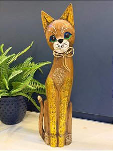Escultura Gato - Decorativo - Madeira - Marrom e Dourado - 49,5CM