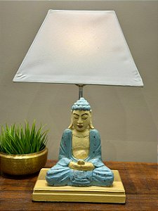 Abajur Buda - Madeira - Com Base - Bege e Azul Claro - Com Cúpula