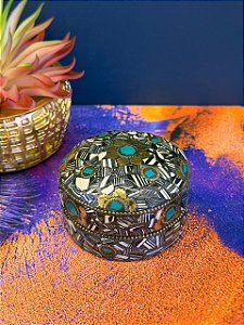 Porta Joias - Metal - Feito à mão - Branco, Preto, Dourado e Turquesa - 7,5CM