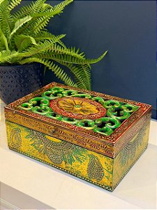 Caixa Decorativa - Porta Joias - Madeira - Pintado á Mão - Verde, Vermelho - 27X18CM