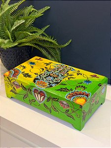 Caixa Decorativa - Porta Joias - Madeira - Pintado á Mão - Verde, Amarelo - 33X19CM