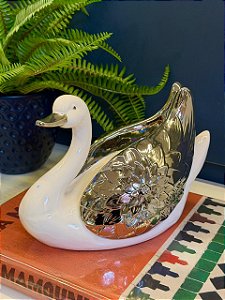 Cisne Decorativo - Cerâmica - Branco e Prata - 17CM