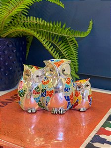 Trio Coruja - Decorativa - Resina - Prata e Colorido - 9CM