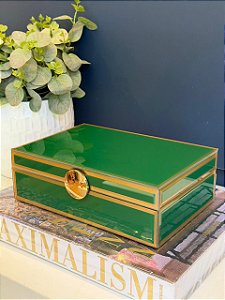Caixa Decorativa - Vidro - Porta Joias - Verde e Dourado - 25X17CM
