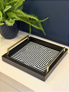 Bandeja - Madeira e Vidro - Preto e Branco - 27CM