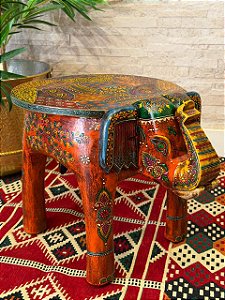 Banqueta - Elefante - Madeira - Pintado à mão - Laranja e Colorido - 36cm