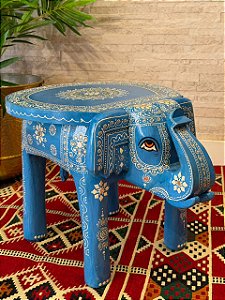 Banqueta - Elefante - Madeira - Pintado à mão - Azul e Branco - 37cm