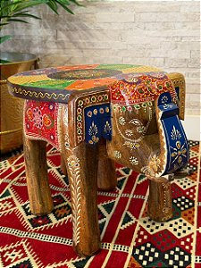 Banqueta - Elefante - Madeira - Pintado à mão - Marrom e Colorido - 37cm