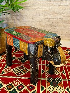 Banqueta - Elefante - Madeira - Pintado à mão - Preto e Colorido - 38cm